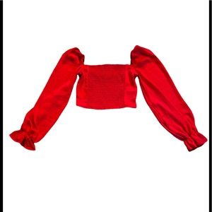 Rich red /pink satin blouse with smocking and puffed sleeves, boho, s